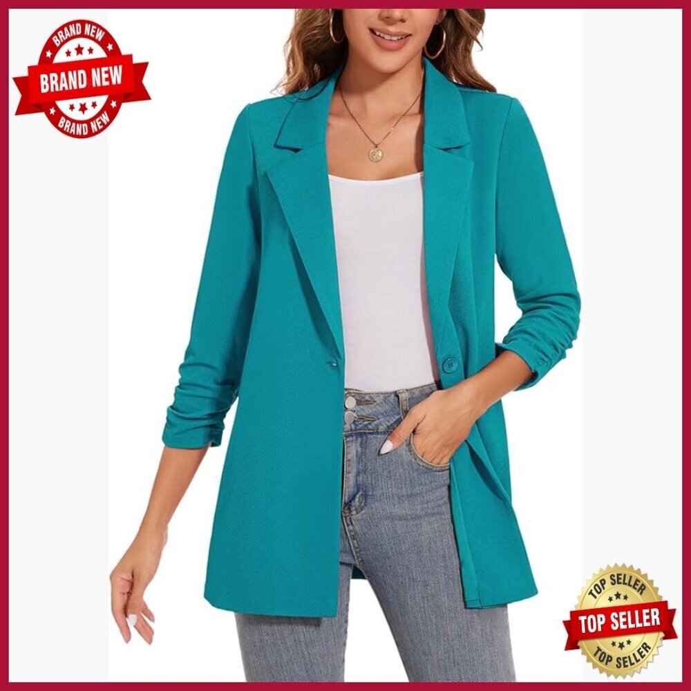 Lightweight 3/4 Sleeve Blazer, Button Front Lapel, Business Casual Office Wear
